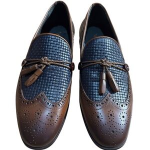 Vinci Men’s Two-Tone Leather Loafers Blue Tan Woven Wingtip Tassel Size 39/6-6.5